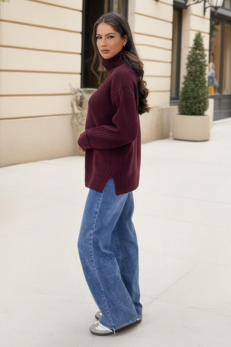 Burgundy Roll Neck Rib Detail Jumper Burgundy Roll Neck Rib Detail Jumper
