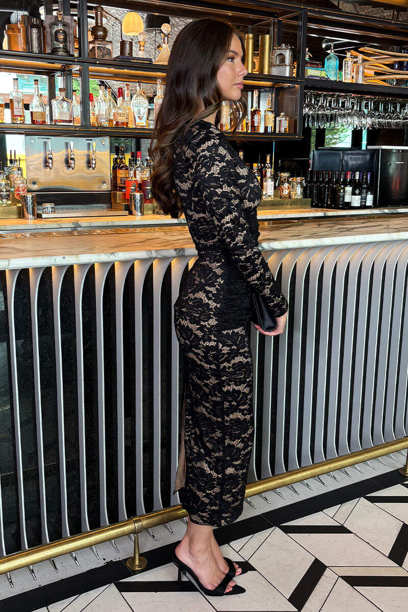 Black Lace Contrast Draped Waist Midi Dress Black Lace Contrast Draped Waist Midi Dress