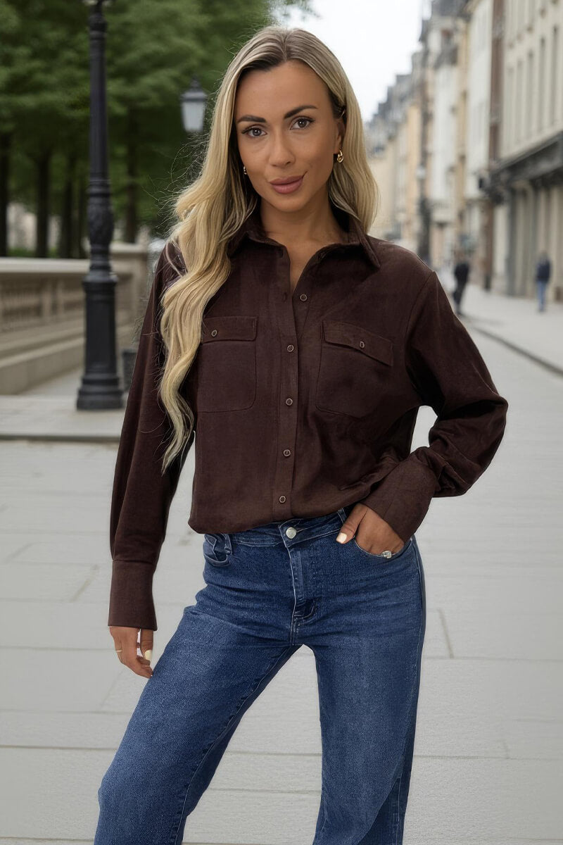 Chocolate Faux Suede Long Sleeve Utility Shirt Chocolate Faux Suede Long Sleeve Utility Shirt