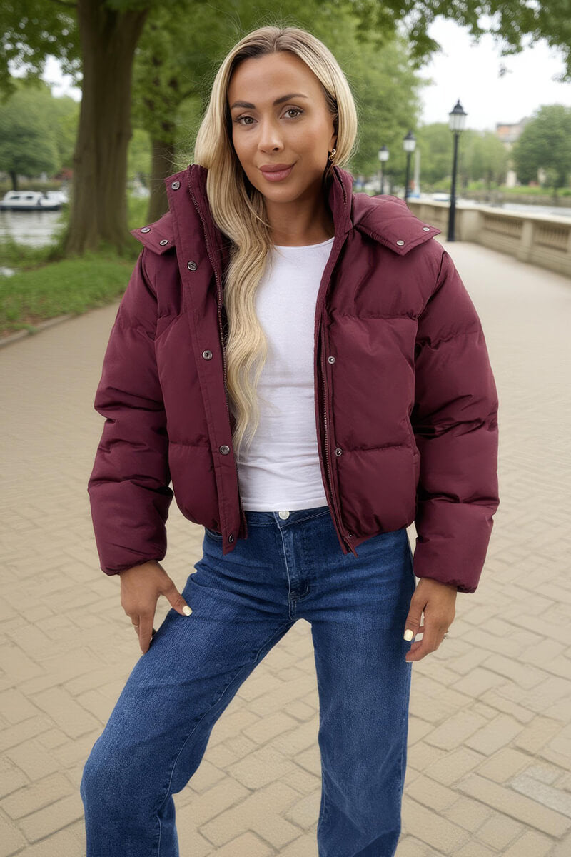 Burgundy Hooded Short Puffer Coat Burgundy Hooded Short Puffer Coat