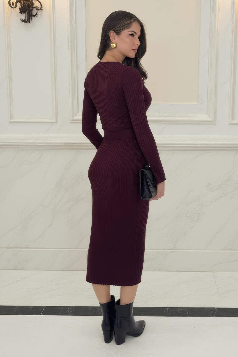 Burgundy Rib Knit Gold Buckle Detail Midi Dress Burgundy Rib Knit Gold Buckle Detail Midi Dress
