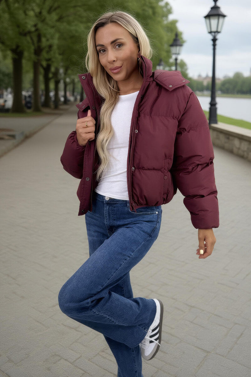 Burgundy Hooded Short Puffer Coat