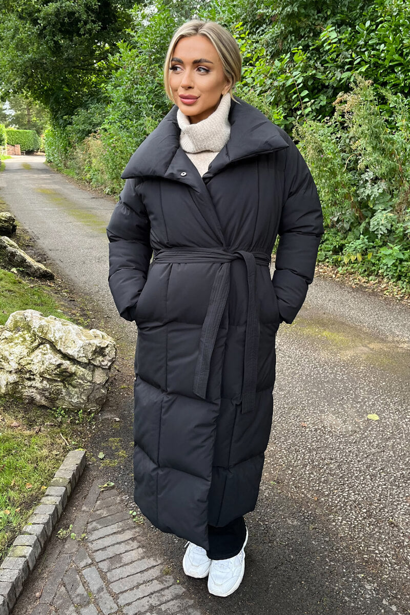 Black Tie Waist Quilted Longline Puffer Coat Black Tie Waist Quilted Longline Puffer Coat