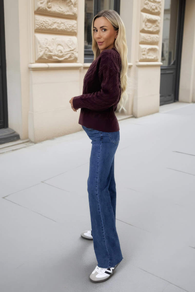Burgundy Round Neck Cable Knit Jumper Burgundy Round Neck Cable Knit Jumper