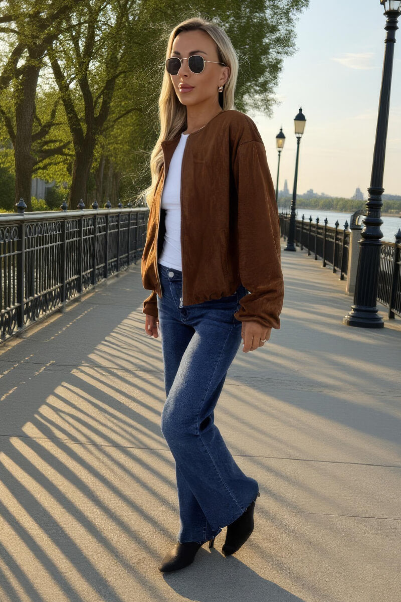 Tan Faux Suede Bubble Hem Bomber Jacket Tan Faux Suede Bubble Hem Bomber Jacket