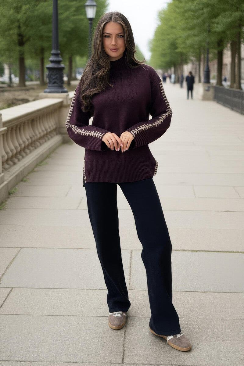 Burgundy Mock Neck Blanket Stitch Detail Jumper Burgundy Mock Neck Blanket Stitch Detail Jumper