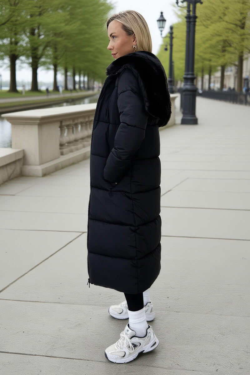 Black Split Hood Longline Puffer Coat Black Split Hood Longline Puffer Coat