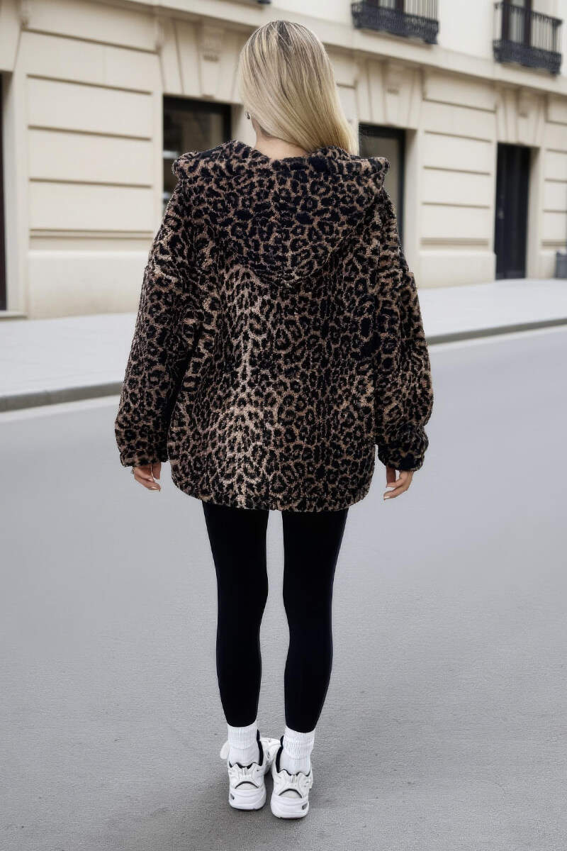 Leopard Print Drawstring Hooded Teddy Jacket Leopard Print Drawstring Hooded Teddy Jacket