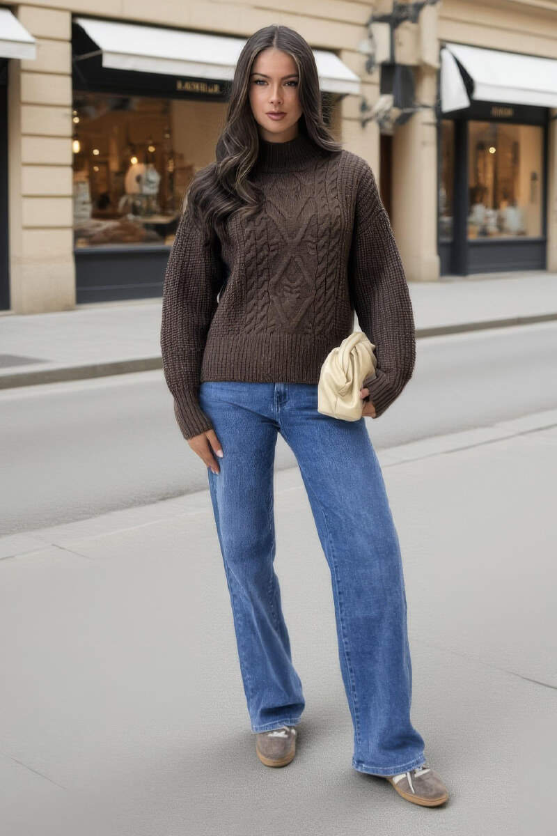 Chocolate Mock Neck Cable Knit Jumper Chocolate Mock Neck Cable Knit Jumper
