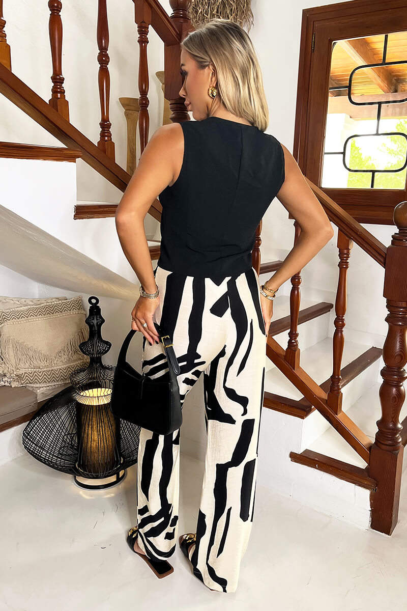 Cream And Black Abstract Print Wide Leg Trousers Cream And Black Abstract Print Wide Leg Trousers