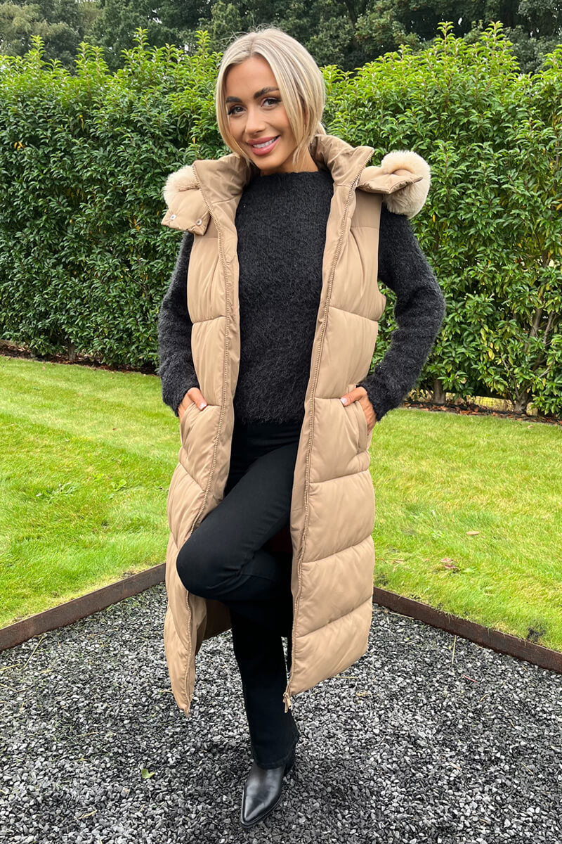 Biscuit Faux Fur Hooded Longline Padded Gilet Biscuit Faux Fur Hooded Longline Padded Gilet