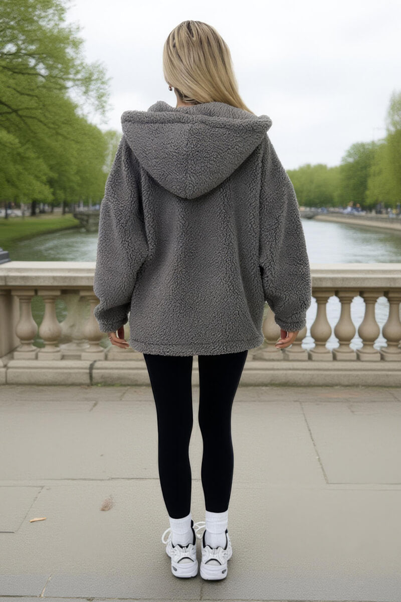 Grey Pocket Detail Hooded Teddy Jacket Grey Pocket Detail Hooded Teddy Jacket
