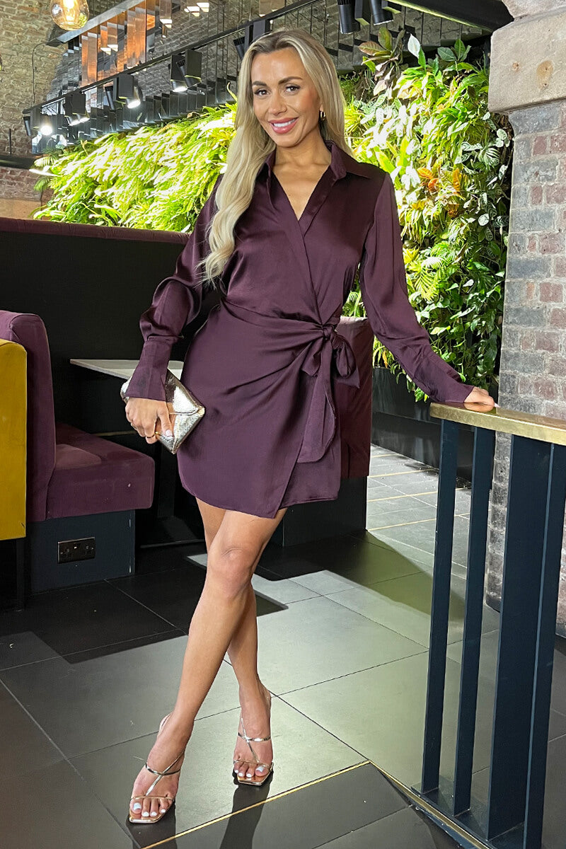 Plum Satin Tie Waist Wrap Shirt Mini Dress Plum Satin Tie Waist Wrap Shirt Mini Dress
