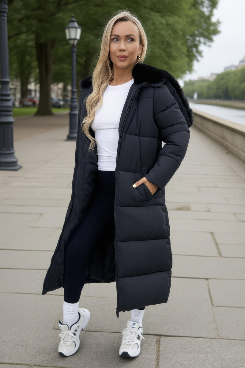 Black Split Hood Longline Puffer Coat Black Split Hood Longline Puffer Coat
