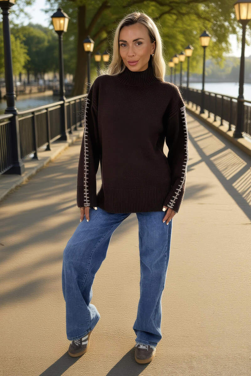 Chocolate Mock Neck Blanket Stitch Detail Jumper Chocolate Mock Neck Blanket Stitch Detail Jumper