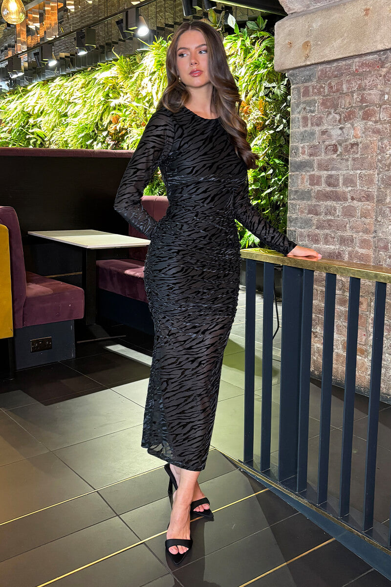 Black Velvet Zebra Striped Overlay Long Sleeve Midi Dress Black Velvet Zebra Striped Overlay Long Sleeve Midi Dress