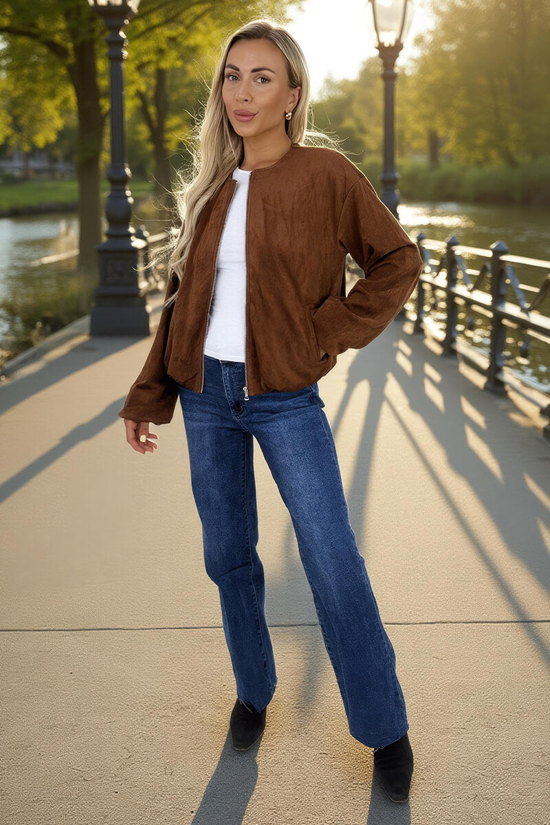 Tan Faux Suede Bubble Hem Bomber Jacket Tan Faux Suede Bubble Hem Bomber Jacket