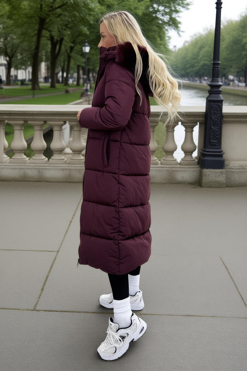 Burgundy Faux Fur Hooded Longline Padded Coat Burgundy Faux Fur Hooded Longline Padded Coat