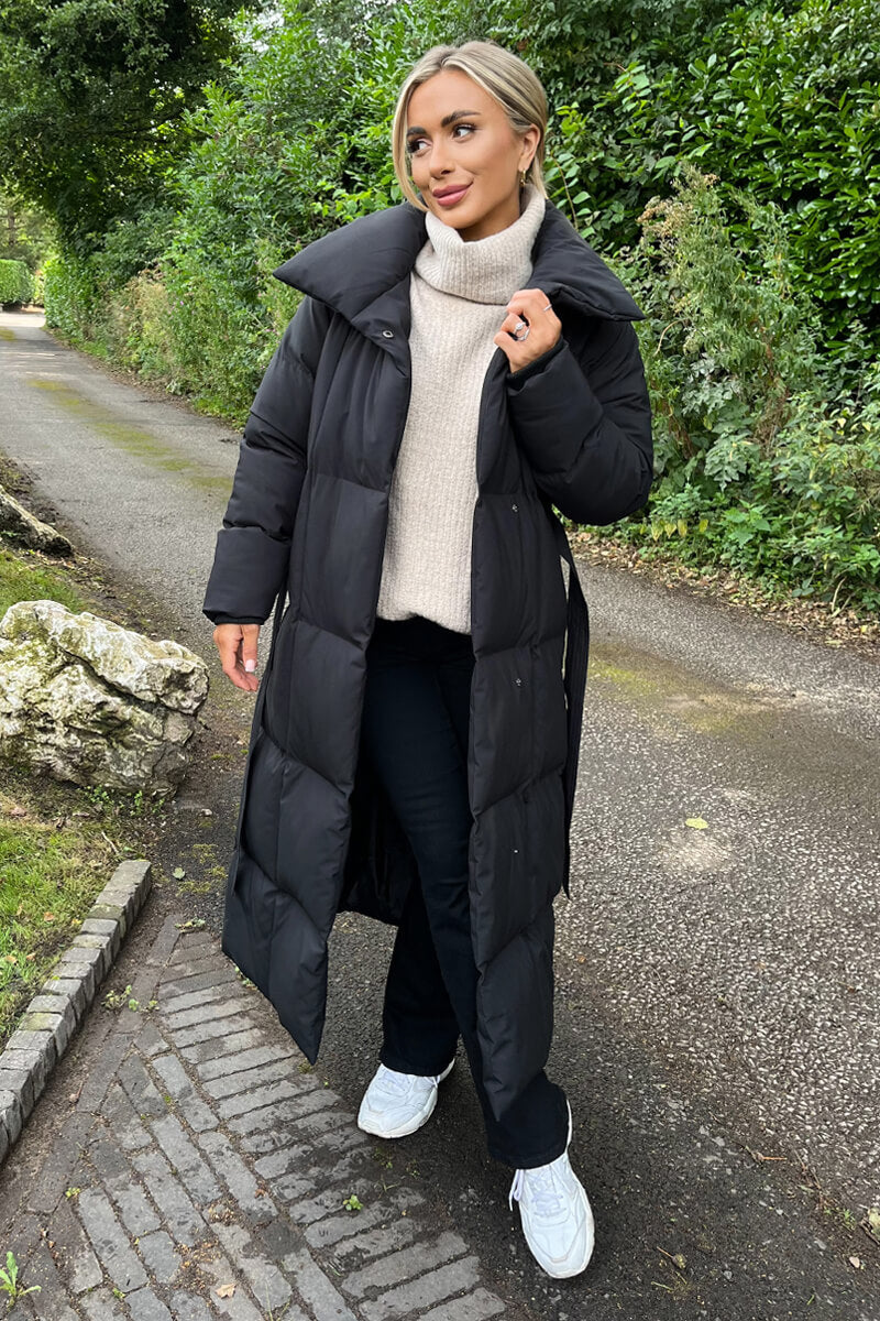 Black Tie Waist Quilted Longline Puffer Coat Black Tie Waist Quilted Longline Puffer Coat