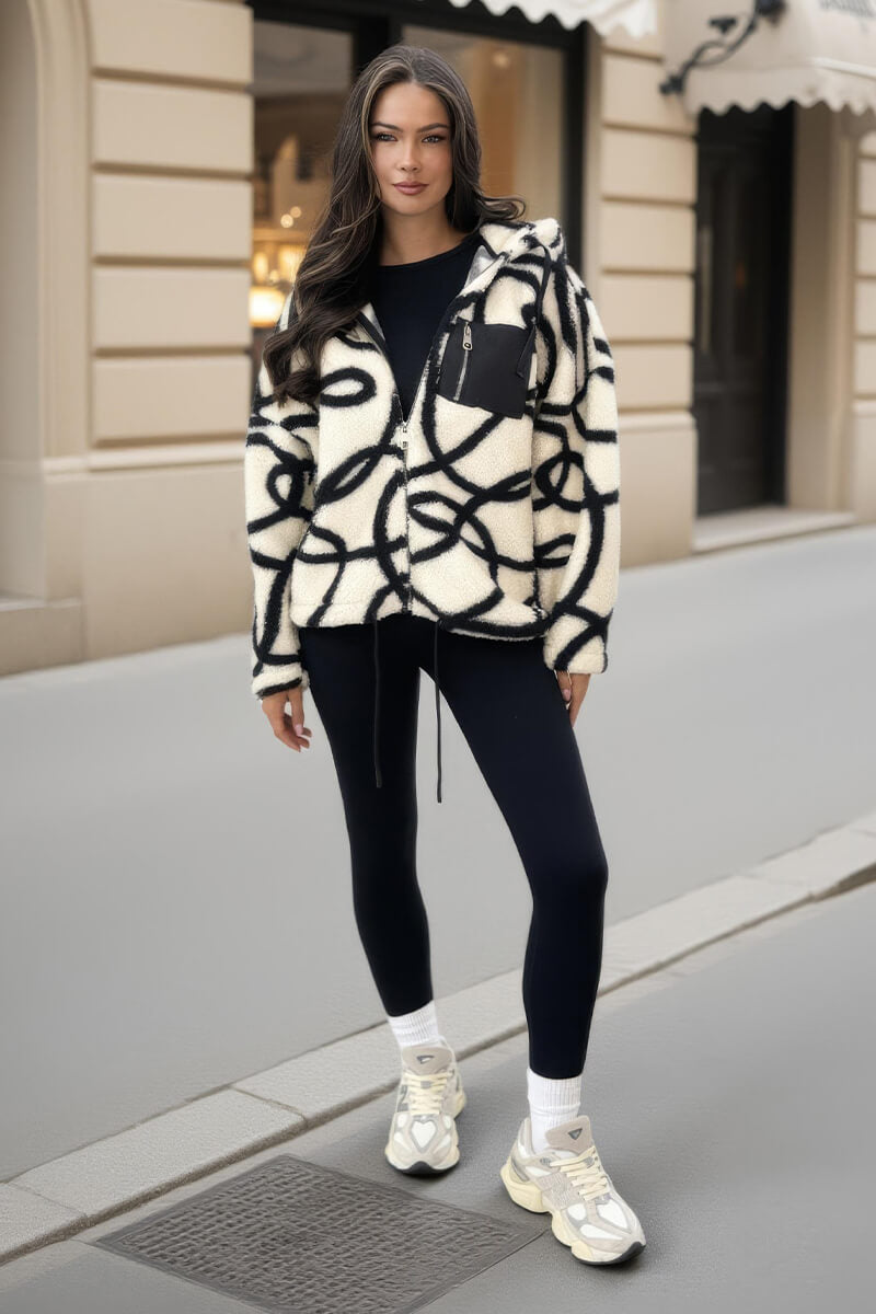 Cream And Black Swirl Pocket Detail Hooded Teddy Jacket Cream And Black Swirl Pocket Detail Hooded Teddy Jacket