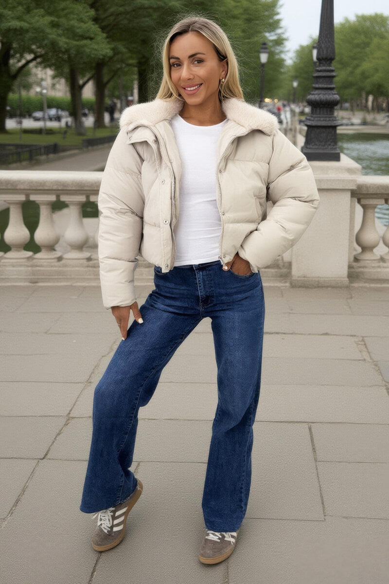 Cream Split Hood Short Puffer Coat Cream Split Hood Short Puffer Coat