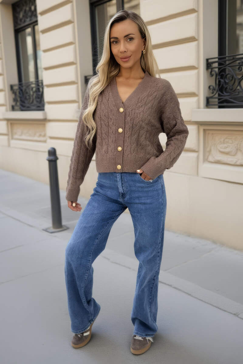 Mink Cable Knit Gold Button Cardigan Mink Cable Knit Gold Button Cardigan