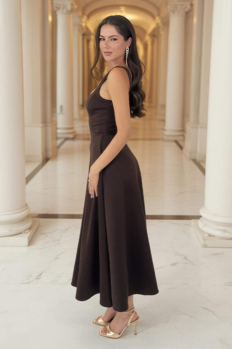 Chocolate Square Neck A-line Midi Dress Chocolate Square Neck A-line Midi Dress