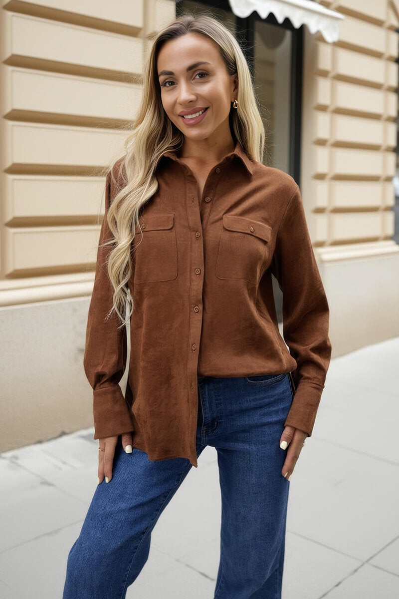 Tan Faux Suede Long Sleeve Utility Shirt Tan Faux Suede Long Sleeve Utility Shirt