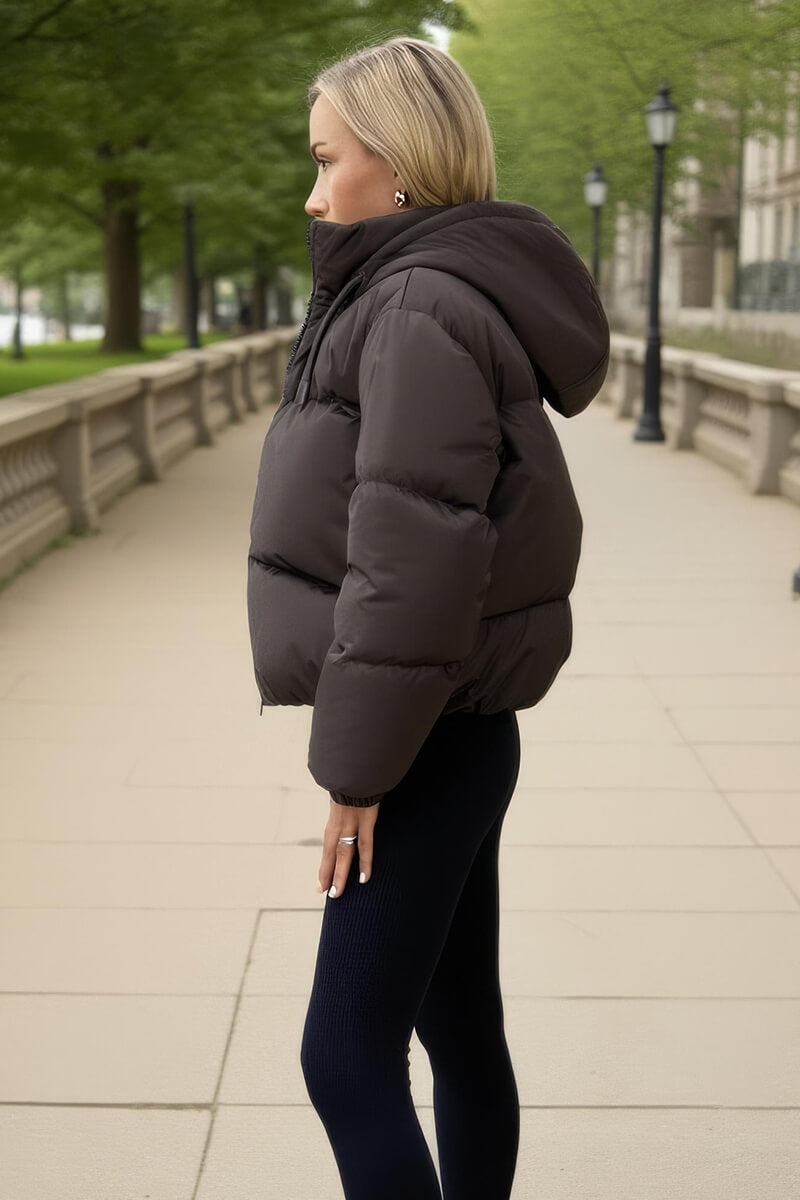 Chocolate Drawstring Hood Short Puffer Coat Chocolate Drawstring Hood Short Puffer Coat