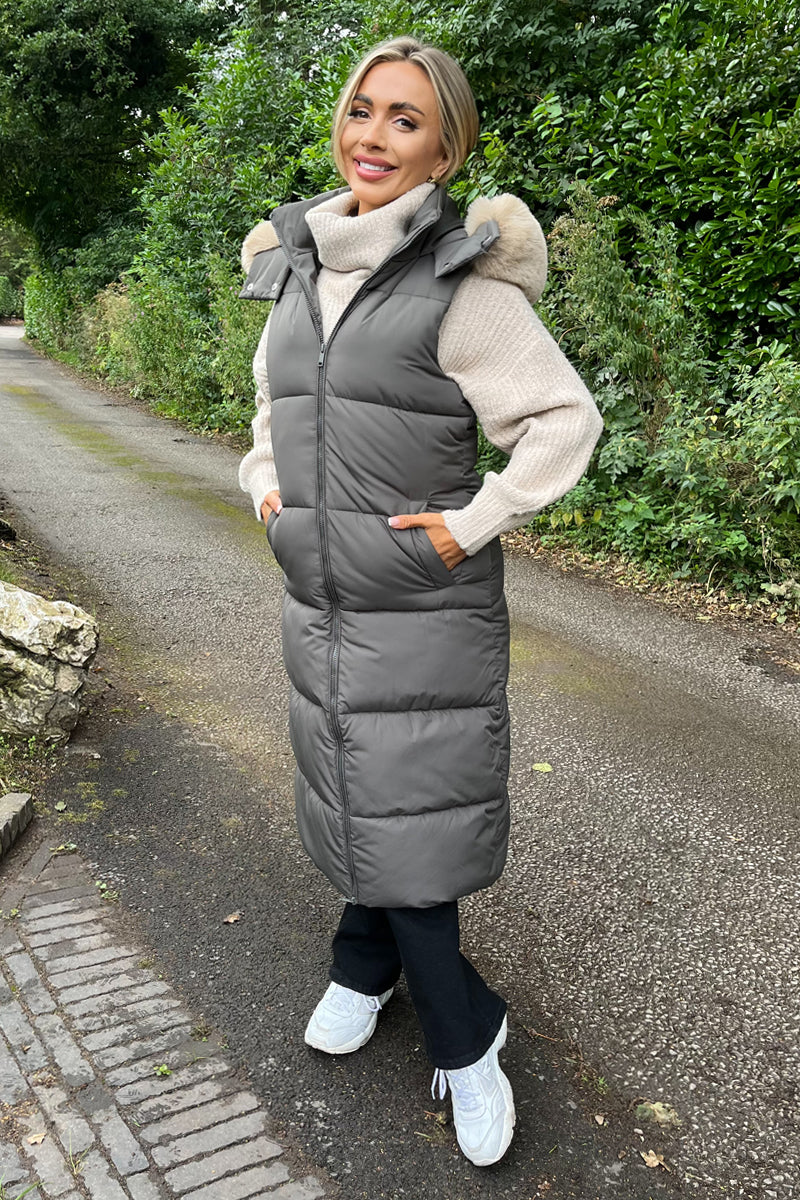 Khaki Faux Fur Hooded Longline Padded Gilet Khaki Faux Fur Hooded Longline Padded Gilet