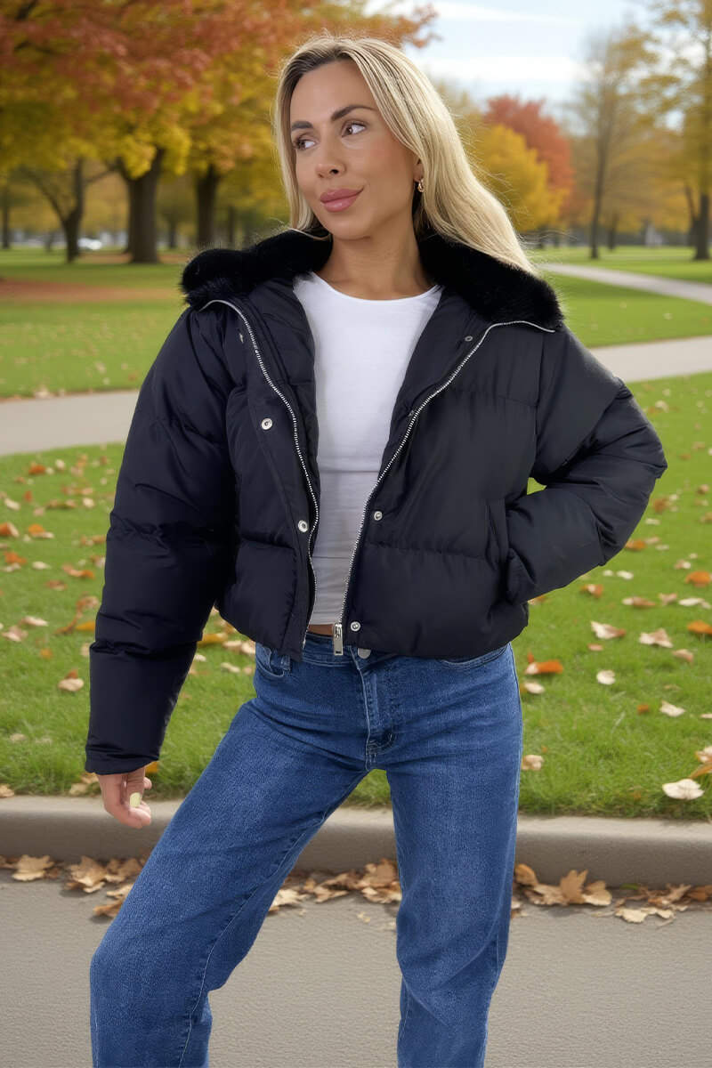 Black Split Hood Short Puffer Coat Black Split Hood Short Puffer Coat