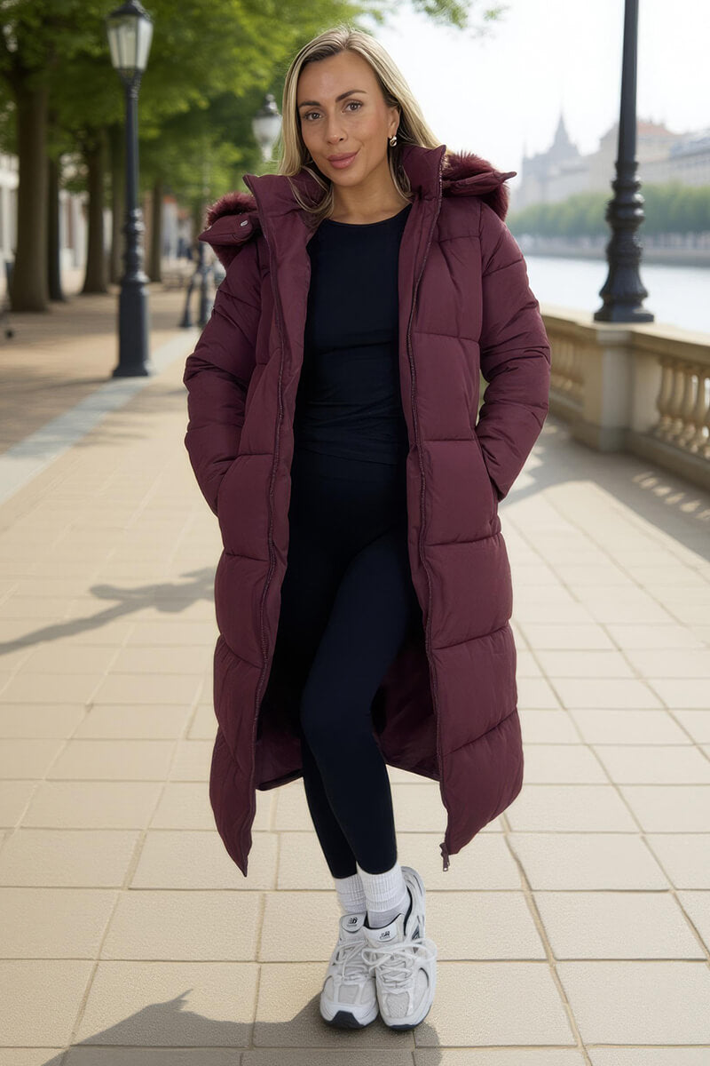 Burgundy Faux Fur Hooded Longline Padded Coat Burgundy Faux Fur Hooded Longline Padded Coat