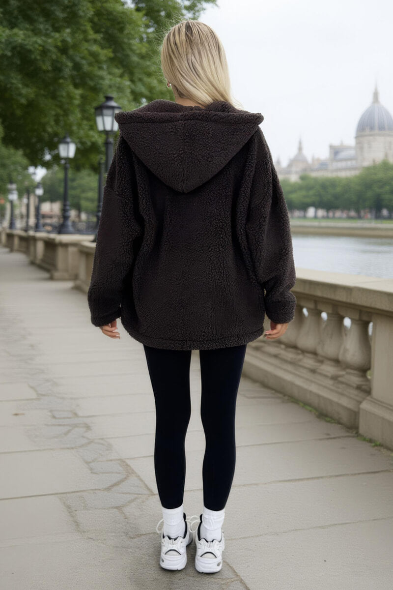 Chocolate Pocket Detail Hooded Teddy Jacket Chocolate Pocket Detail Hooded Teddy Jacket