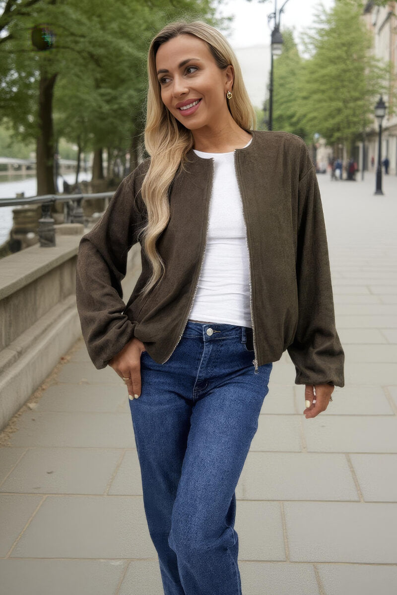 Khaki Faux Suede Bubble Hem Bomber Jacket Khaki Faux Suede Bubble Hem Bomber Jacket