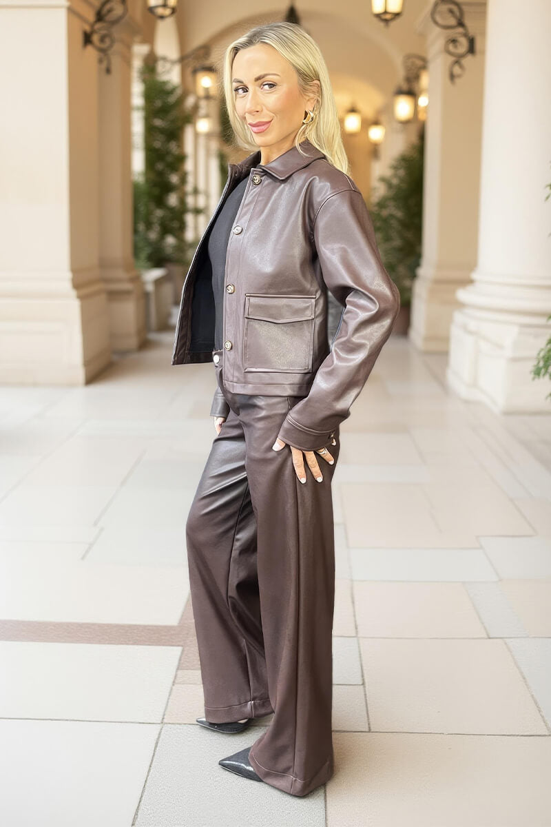 Chocolate Faux Leather Wide Leg Trousers Chocolate Faux Leather Wide Leg Trousers