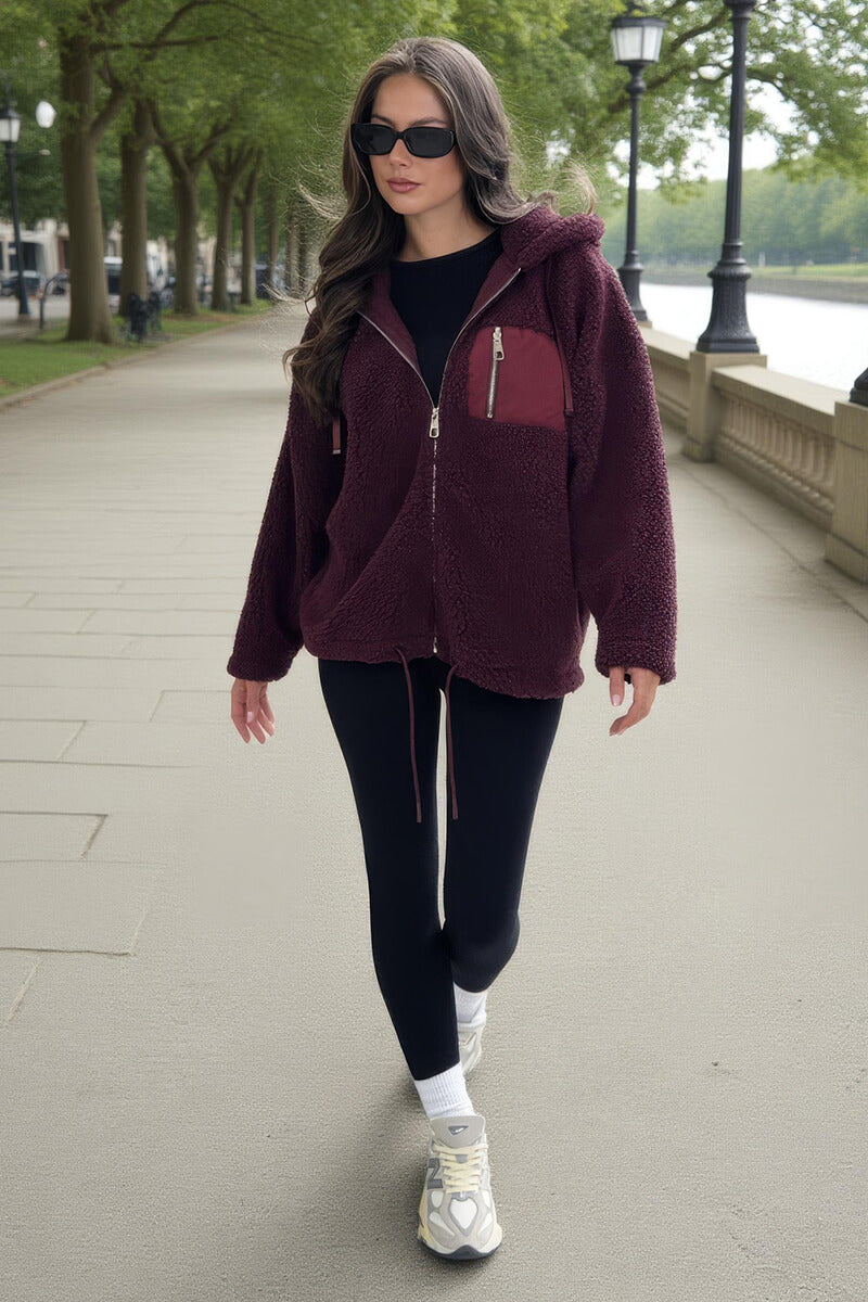 Burgundy Pocket Detail Hooded Teddy Jacket Burgundy Pocket Detail Hooded Teddy Jacket
