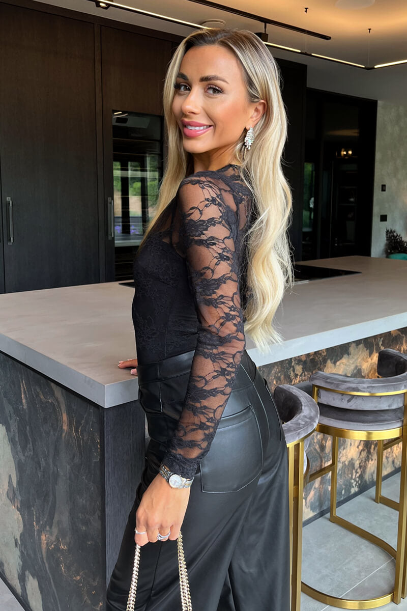 Black Lace Overlay Long Sleeve Bodysuit Black Lace Overlay Long Sleeve Bodysuit