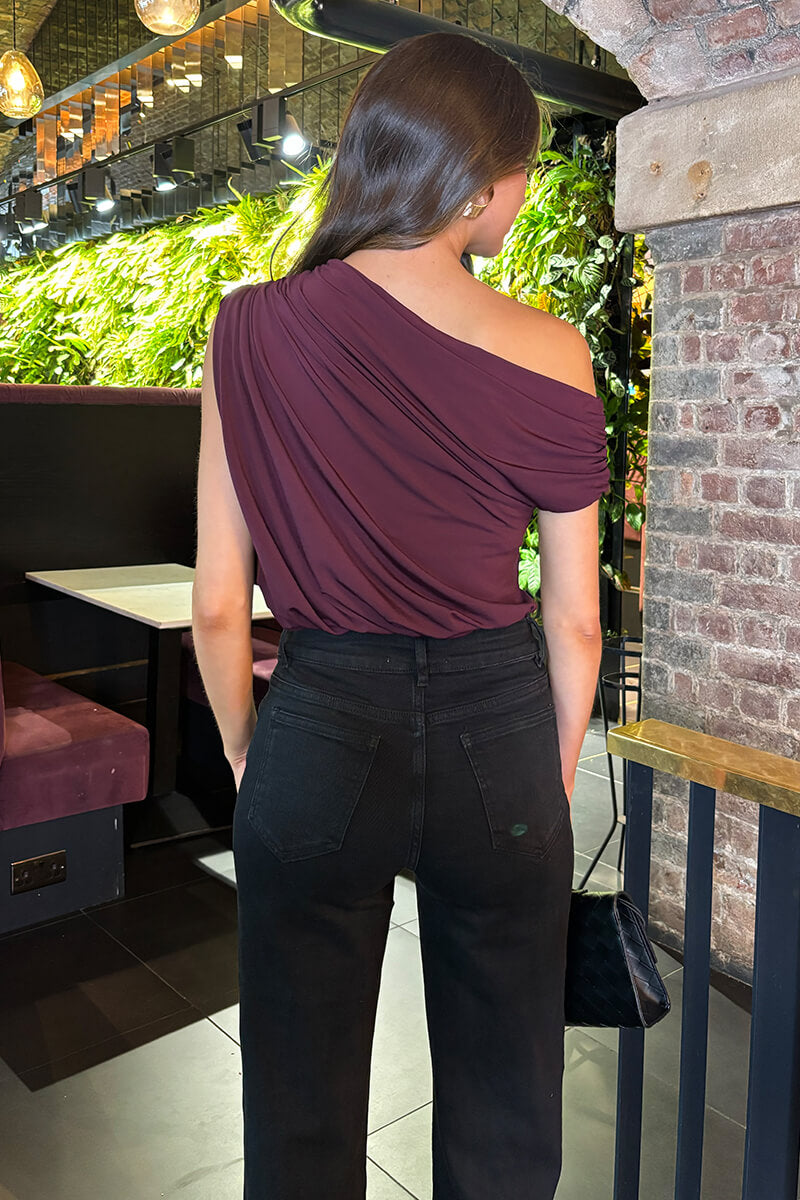 Dark Plum Off The Shoulder Draped Bodysuit Dark Plum Off The Shoulder Draped Bodysuit