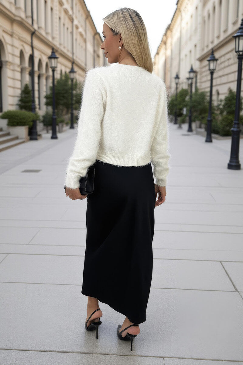Cream Fluffy Knit Satin Bows Front Cardigan Cream Fluffy Knit Satin Bows Front Cardigan