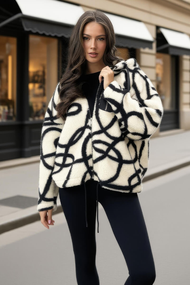 Cream And Black Swirl Pocket Detail Hooded Teddy Jacket Cream And Black Swirl Pocket Detail Hooded Teddy Jacket