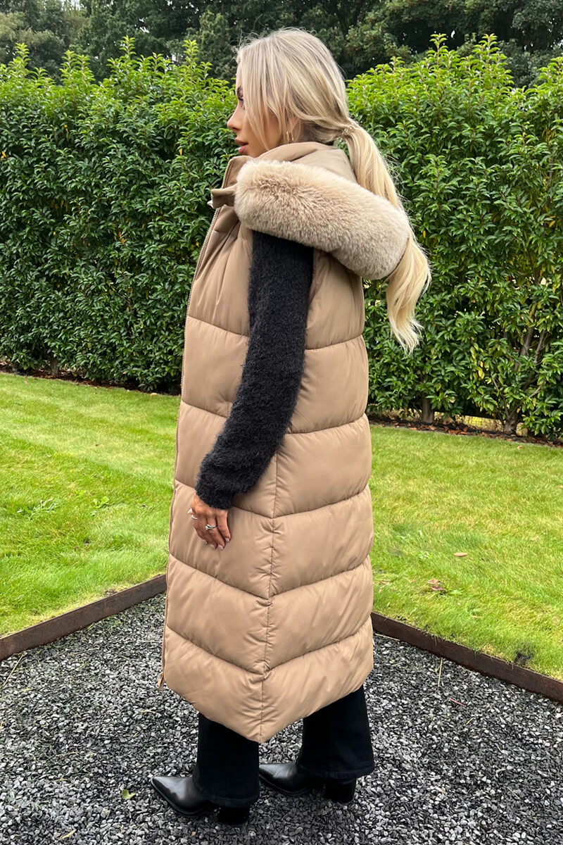 Biscuit Faux Fur Hooded Longline Padded Gilet Biscuit Faux Fur Hooded Longline Padded Gilet