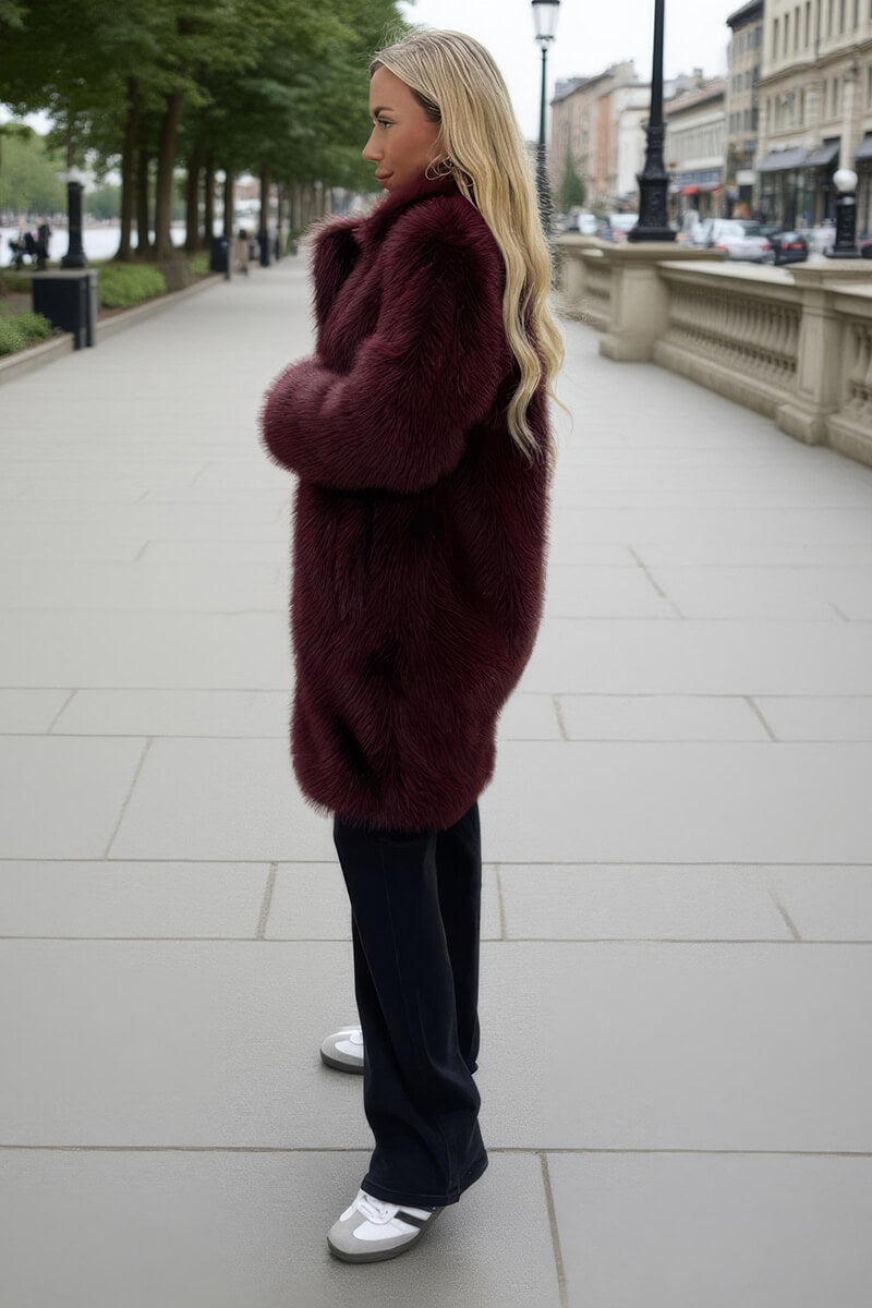 Burgundy Faux Fur Longline Jacket