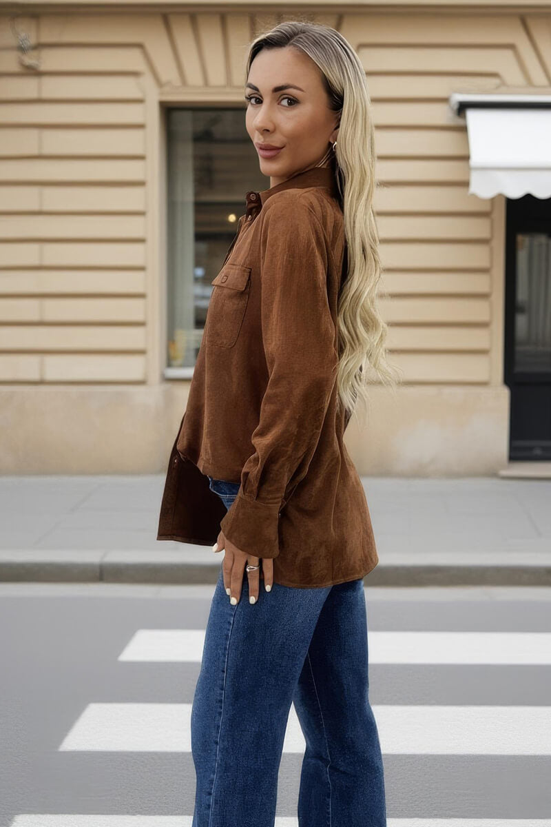 Tan Faux Suede Long Sleeve Utility Shirt Tan Faux Suede Long Sleeve Utility Shirt