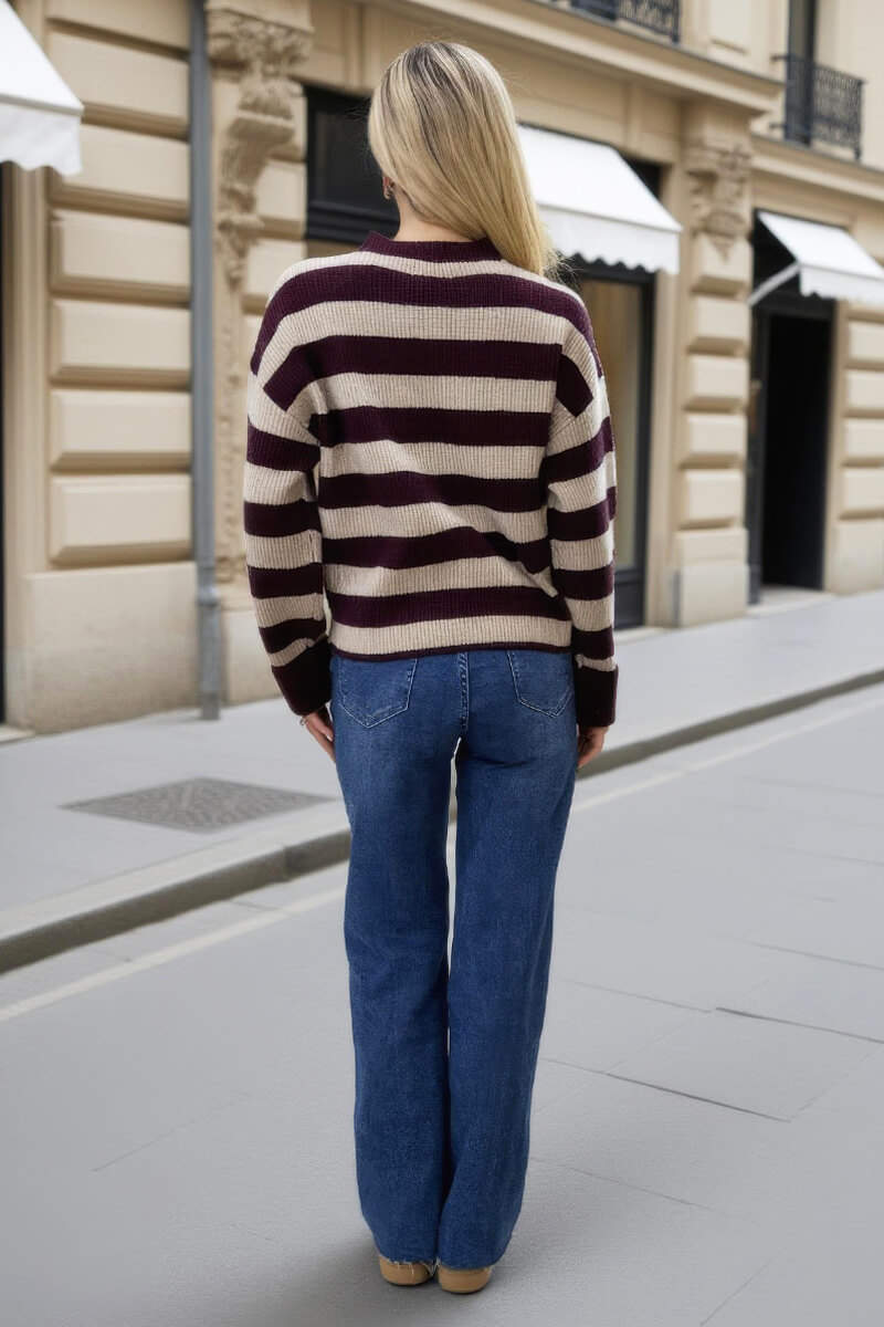 Burgundy And Oatmeal Striped Crew Neck Jumper Burgundy And Oatmeal Striped Crew Neck Jumper