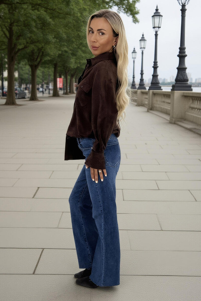 Chocolate Faux Suede Long Sleeve Utility Shirt Chocolate Faux Suede Long Sleeve Utility Shirt