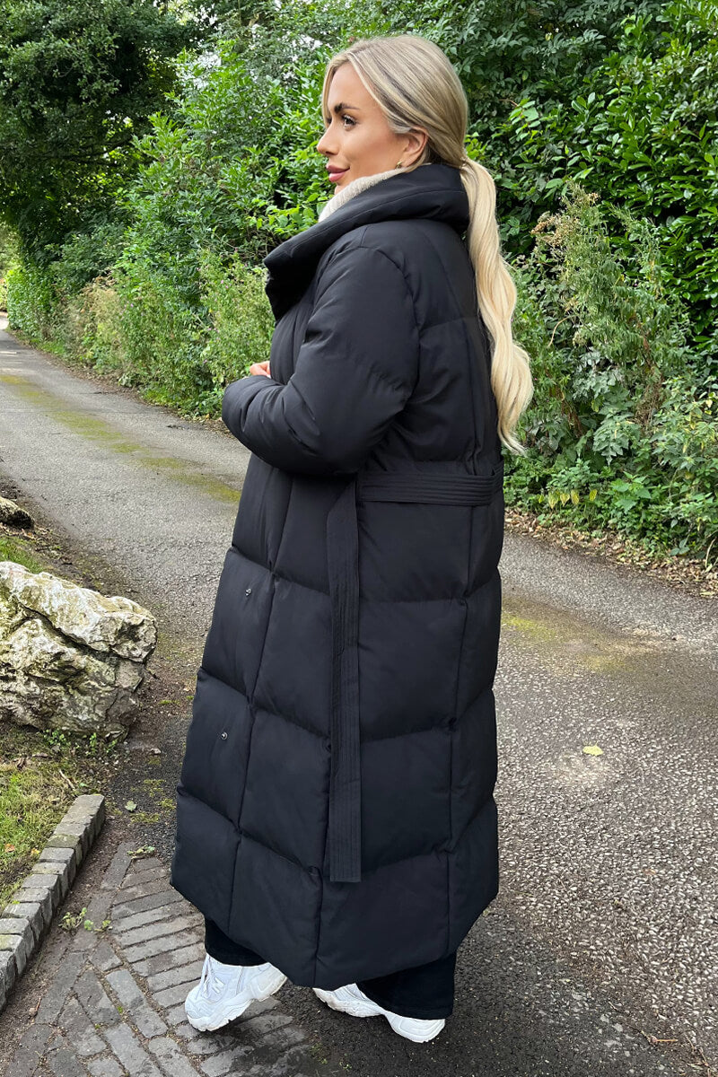 Black Tie Waist Quilted Longline Puffer Coat Black Tie Waist Quilted Longline Puffer Coat