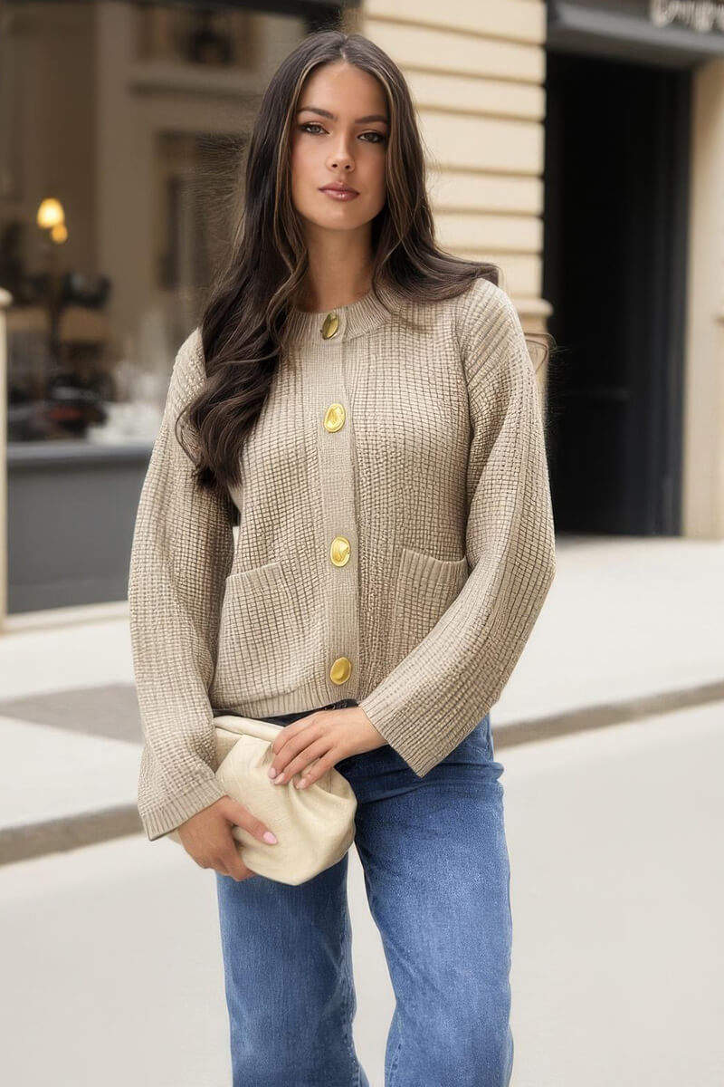 Oatmeal Knitted Gold Button Front Cardigan Oatmeal Knitted Gold Button Front Cardigan