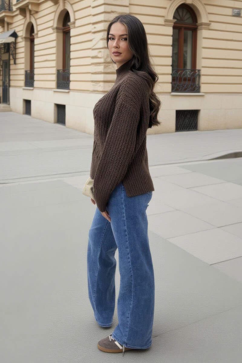 Chocolate Mock Neck Cable Knit Jumper Chocolate Mock Neck Cable Knit Jumper