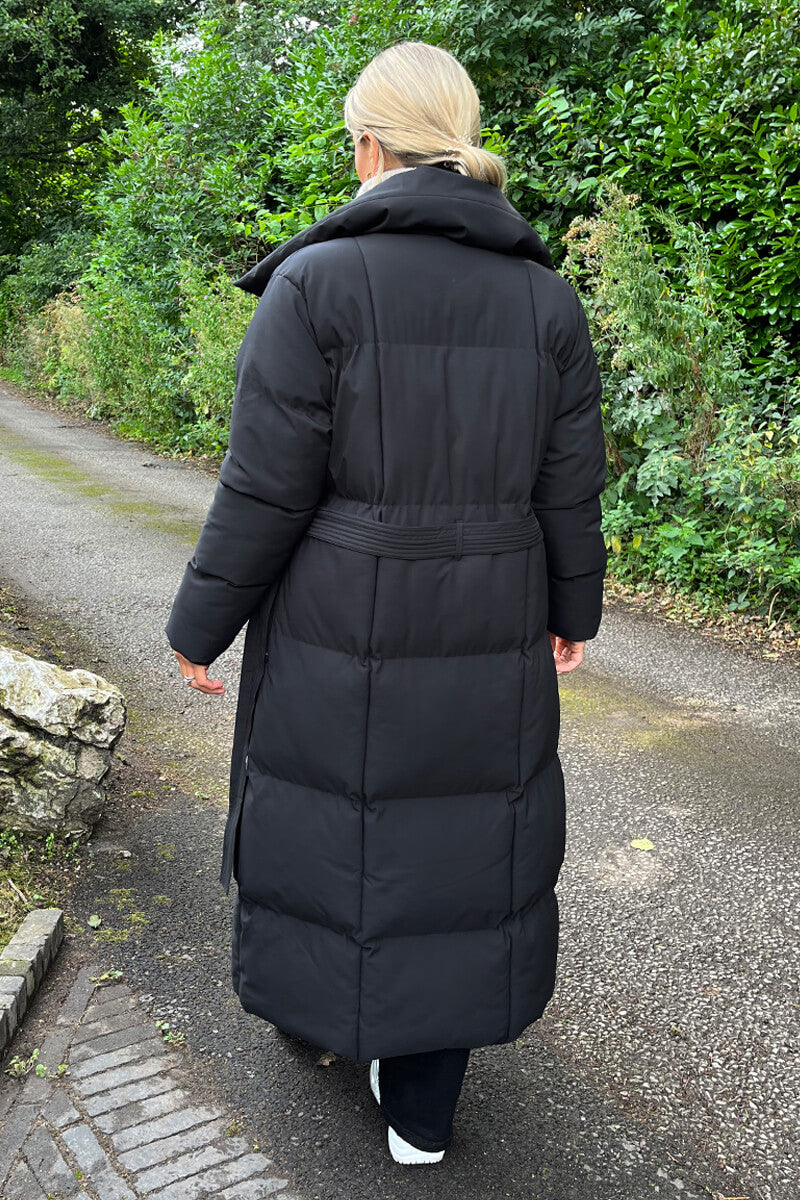 Black Tie Waist Quilted Longline Puffer Coat Black Tie Waist Quilted Longline Puffer Coat