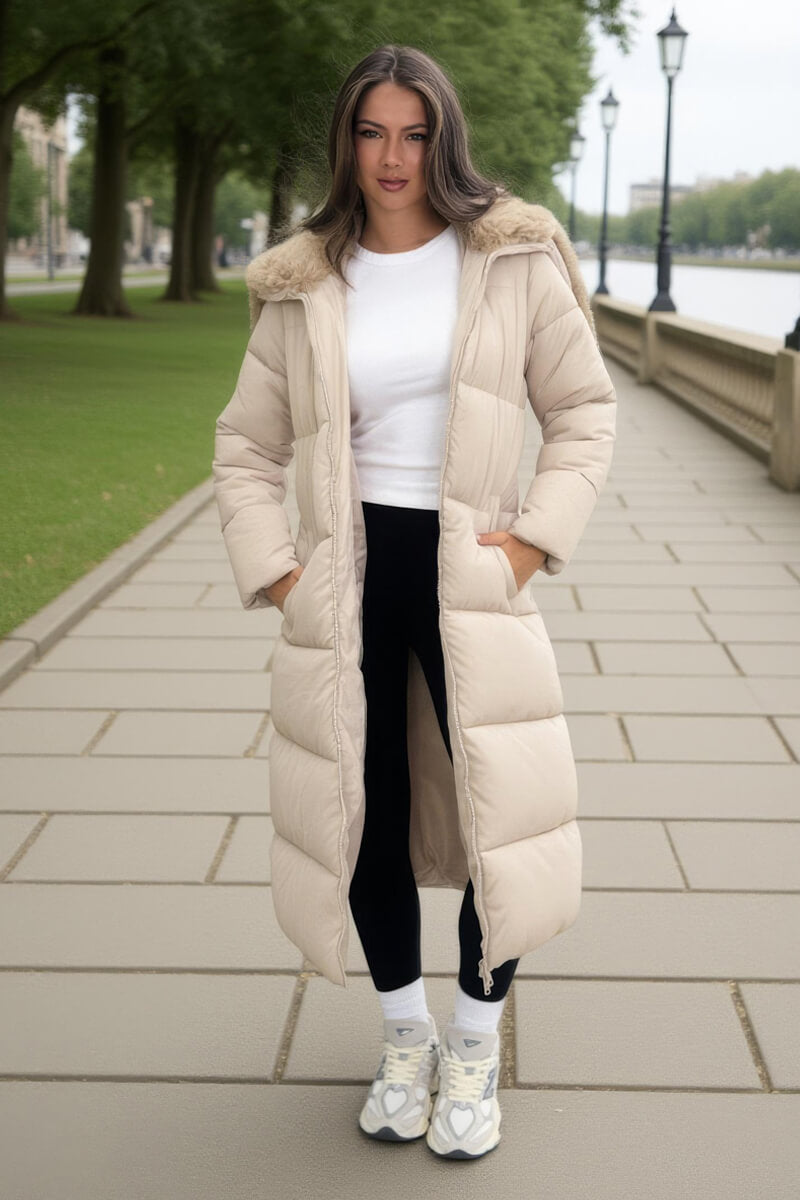 Cream Split Hood Longline Puffer Coat Cream Split Hood Longline Puffer Coat
